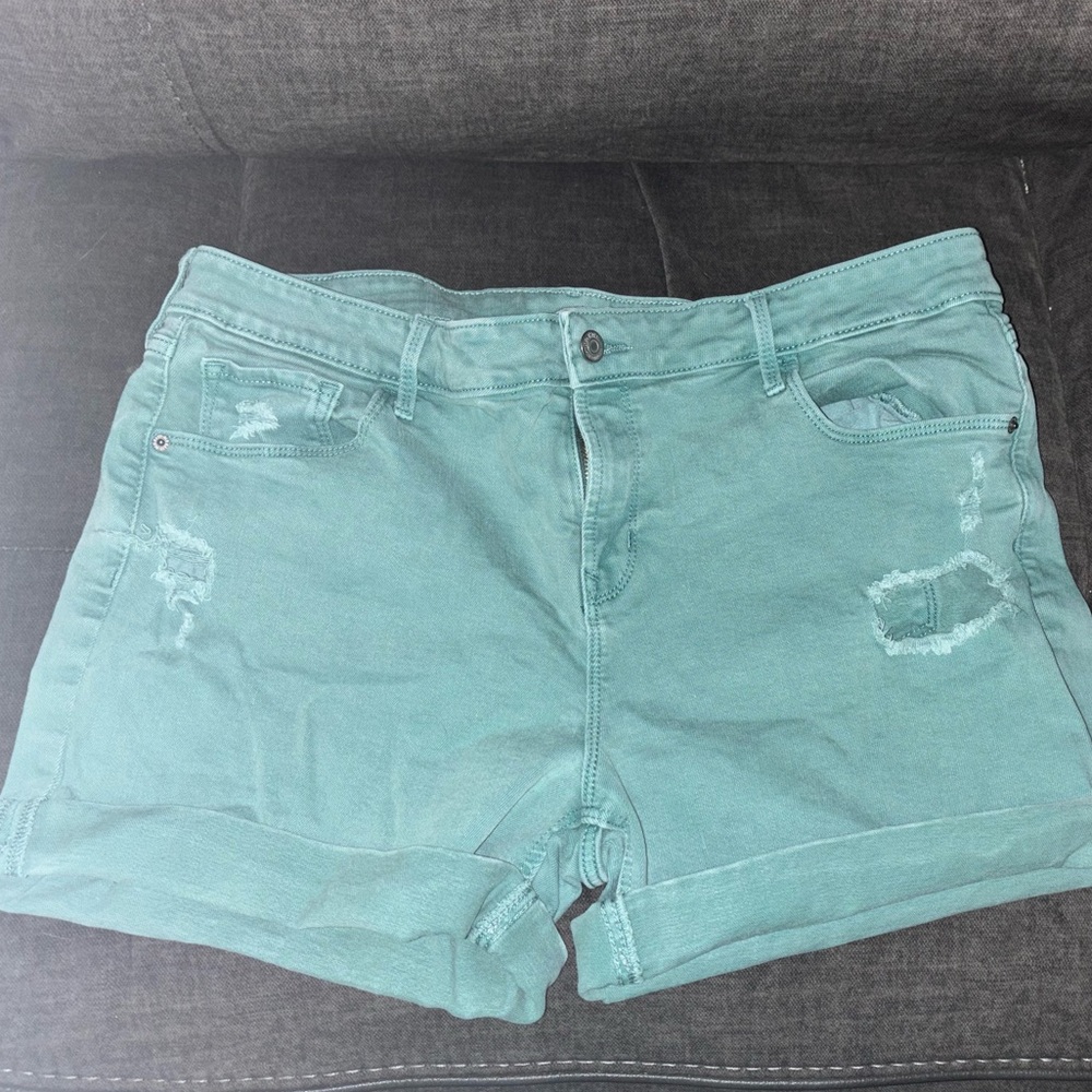 Old Navy Teal Distressed Cuffed Midi Jean Shorts